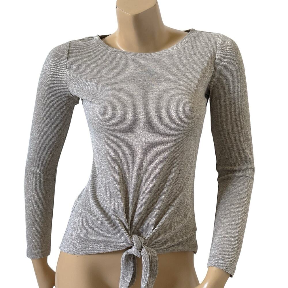INC Petite Womens Size Small PP Metallic Gold Long Sleeve Tie Front Shirt Top